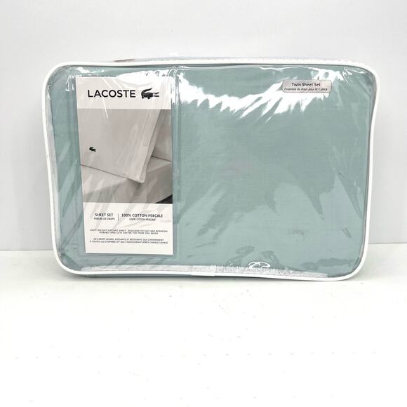 Lacoste 100% cotton percale pale aqua twin sheet set - Picture 1 of 5